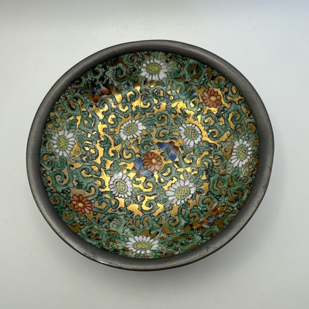 Antique Japanese Kutani Porcelain Bowl Pewter Mount Nippon Period Circ 1891–1921